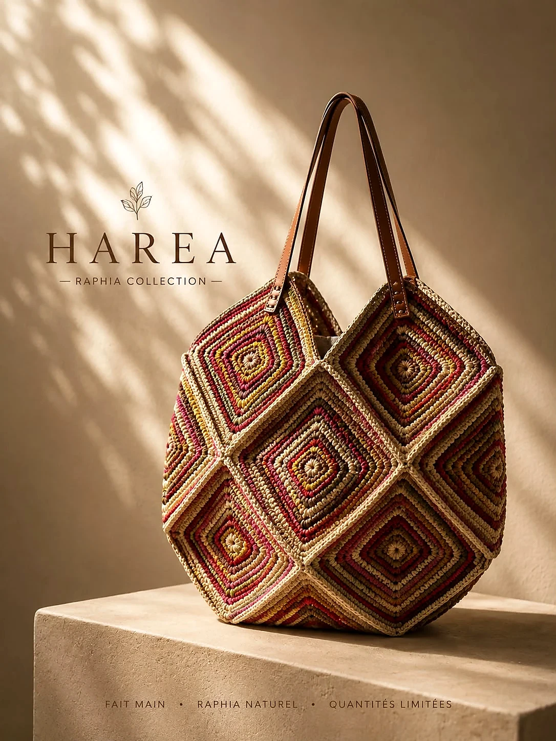 Sac HAREA en raphia aux motifs géométriques bruns