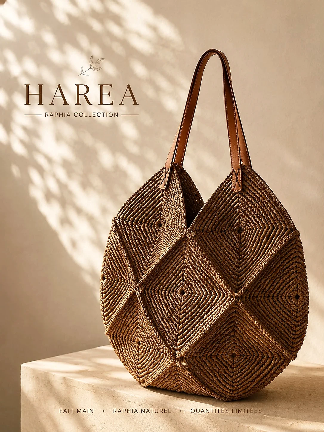Sac HAREA en raphia naturel et brun