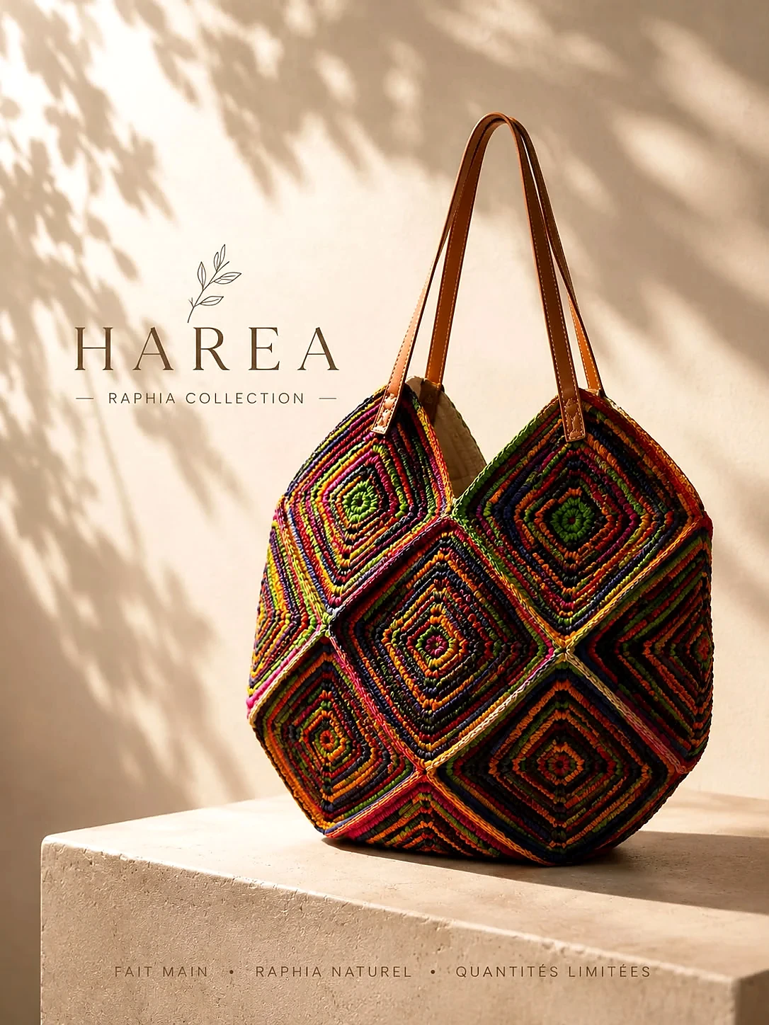 Sac HAREA en raphia aux motifs multicolores