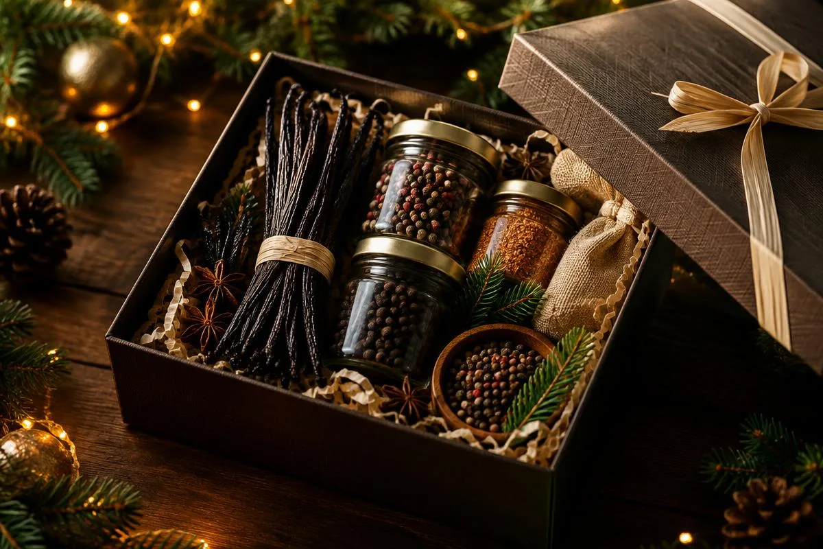 Coffret cadeau garni de vanille, poivres et épices