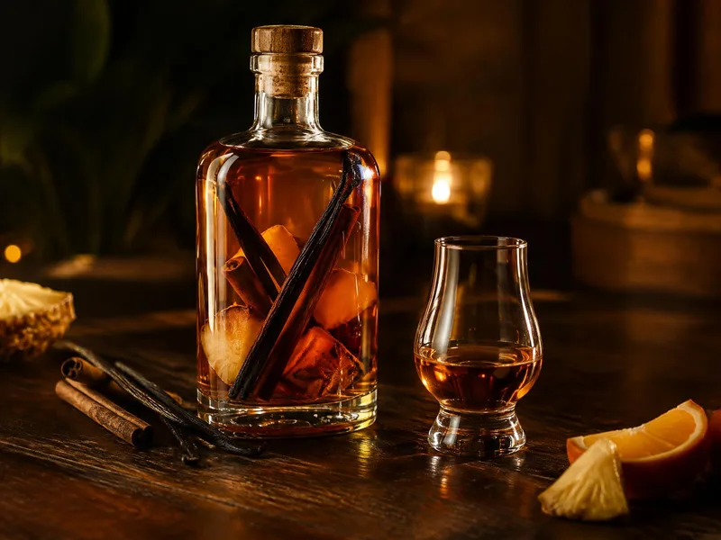 Bouteille de rhum arrangé à la vanille et à la cannelle avec un verre de dégustation
